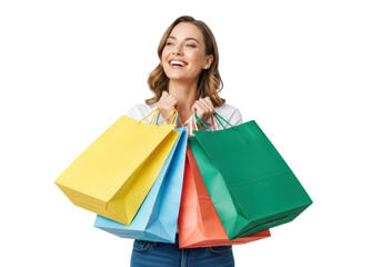 Smiling woman holding a lot of shopping bags, isolated on transparent background