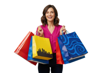 Smiling woman holding a lot of shopping bags, isolated on transparent background