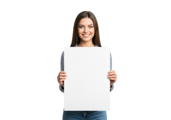 Smiling woman holding white blank poster board on a transparent background