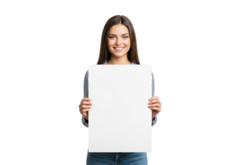 Smiling woman holding white blank poster board on a transparent background
