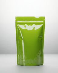 A vibrant, glossy lime green stand-up pouch packaging mockup displayed in a clean studio setting.
