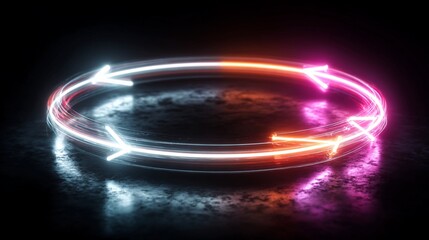 Dynamic glowing neon arrows form a continuous cycle on a reflective dark surface, symbolizing progress and innovation.
