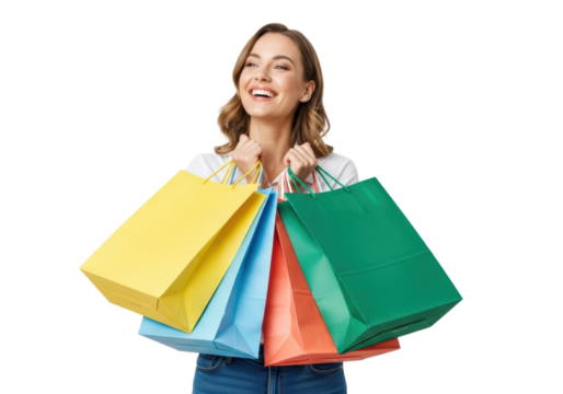 Smiling woman holding a lot of shopping bags, isolated on transparent background