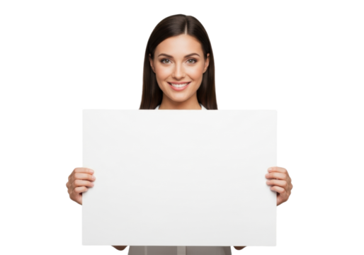 Smiling woman holding white blank poster board on a transparent background