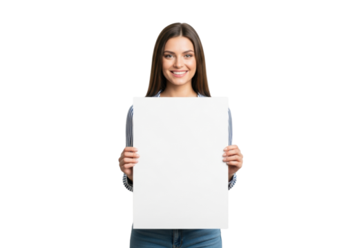 Smiling woman holding white blank poster board on a transparent background