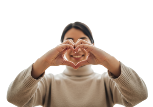 Woman showing heart with her hands on a transparent background