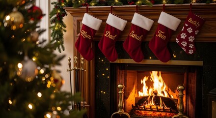Cozy christmas fireplace with stockings and decorated tree