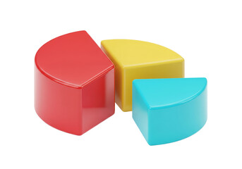 Three glossy 3D segments of a pie chart rendered in red, yellow, and blue colors, representing data analysis and division.