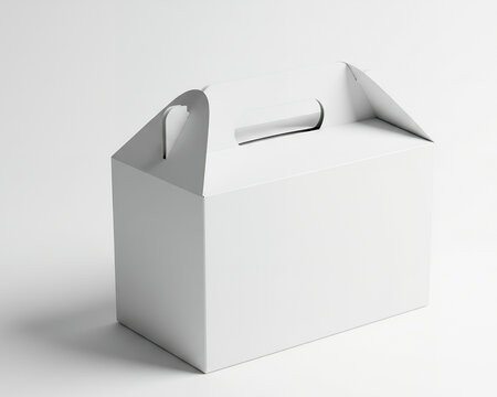 Plain white gabled box packaging mockup with integrated carrying handle, isolated studio view.
