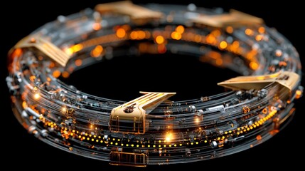 Dynamic golden arrows propel advanced technology network with vibrant illuminated circuits and futuristic data flow