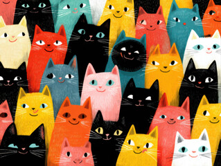 A group of many little smiling and colourful kittens in a minimalistic style
