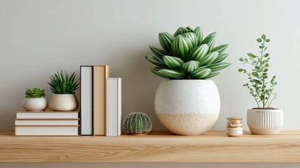 Serene modern shelf decor featuring lush succulents, elegant books, and minimalist planters creating a calming, natural aesthetic for any space.