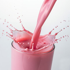 Dynamic splash of vibrant pink strawberry flavored liquid pouring into a clear glass vessel