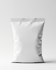 Blank white foil food packaging pouch mockup with zipper closure standing upright on a seamless light surface