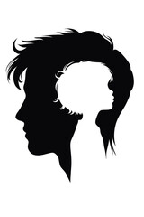 Silhouette of a man’s head with a child’s profile inside, symbolizing inner child, memory, trauma, and emotional healing. Minimalist psychological concept illustration.