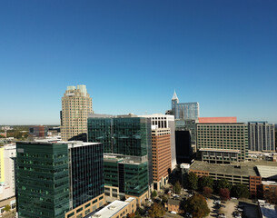 Aerial view of downtown Raleigh NC skyline looking North on a sunny Fall day