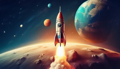 retro rocket flying near a textured planet symbolizing vintage space exploration and science fiction adventure