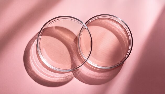 empty petri dish close up on light pink background mockup for cosmetic product sample