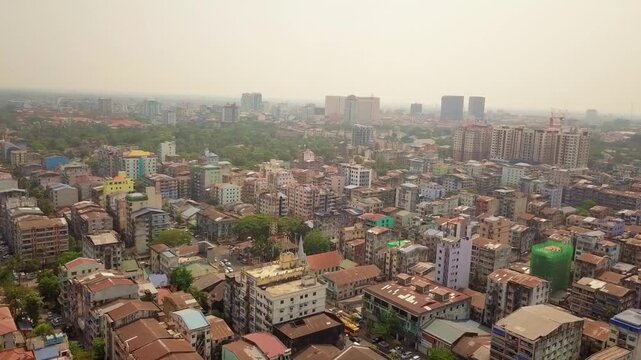  Futuristic aerial view panorama of developing Yangon city , Aerial view of Sule pagoda in downtown, Yangon, Myanmar. Sule Pagoda located in the heart of Yangon, Karaweik royal barge, Kandawgyi Lake, 
