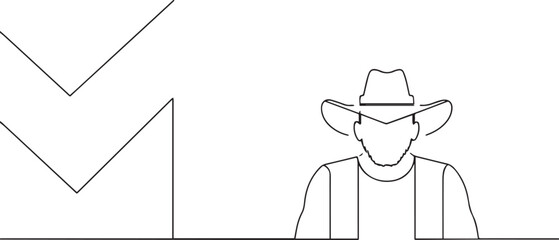 Man in cowboy hat one continuous line art, Vector illustration, One line art, Line art graphic style