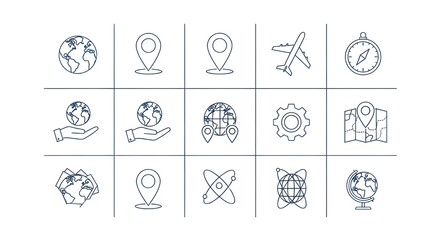 Icono de línea de globo terráqueo.
 Icono de línea de planeta de mapa de país global de Vector Earth.
 Conjunto de globo de internet de viaje