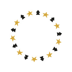 Cute Christmas wreath with fir trees and stars isolated on white background. New year circle frame with celestial icons.