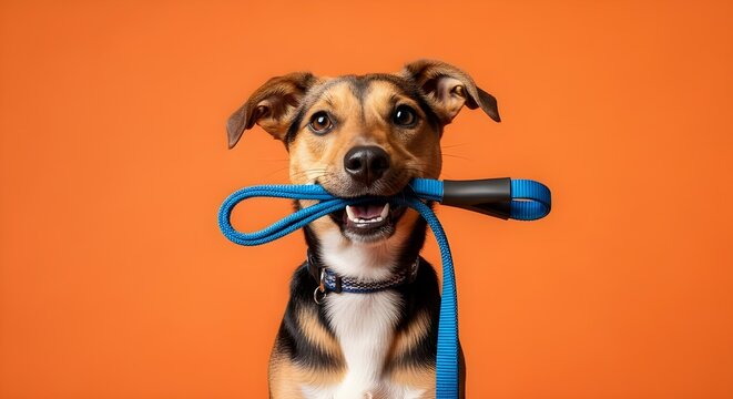 Concepto de sesi&oacute;n de perros con un perro feliz y activo sosteniendo una correa para mascotas en la boca listo para salir a caminar