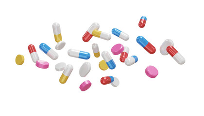 3D rendered assortment of colorful capsules and pills on transparent background. 3d render. PNG. Tablets, medicine concept. For health, pharmacy, wellness, or pharmaceutical advertising and design.