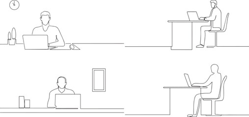 A group of Man working on laptop in a office desk  one continuous line art, Vector illustration, One line art, Line art graphic style