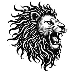 Obraz premium Fierce lion head roaring in intricate black and white design, tattoo concept 