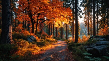 Obraz premium Golden autumn forest path bathed in warm sunlight, inviting exploration through vibrant foliage and towering trees