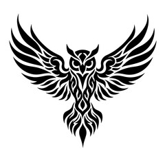 Obraz premium Tribal owl tattoo design with wings in black outline 