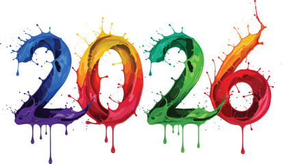 Paint splash 2026 typography with dripping liquid colors, vibrant artistic digits for creative year visuals, abstract celebration design concept