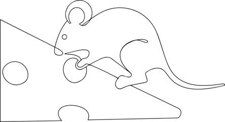 Mouse nibbling cheese one continuous line art, Vector illustration, One line art, Line art graphic style