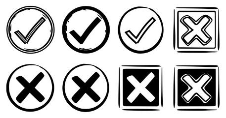 Collection of rustic hand-drawn check and x-mark icons with a textured, gritty style, versatile for user interface design, voting systems, checklists, vector set