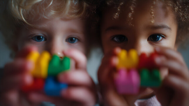 Two children, a caucasian boy and an african american girl, looking at camera and holding colorful building blocks. Concept of early childhood education and diversity.