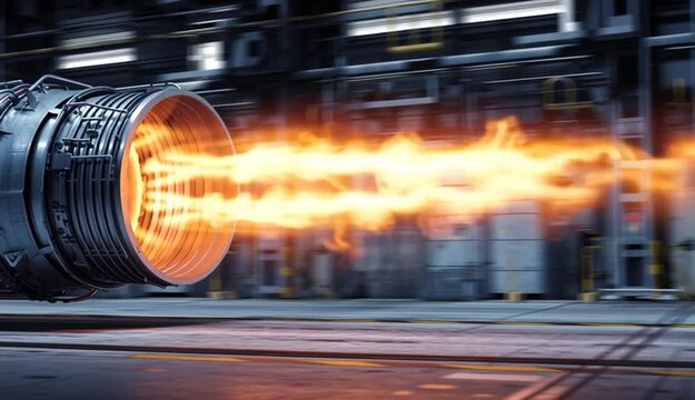 High-speed jet engine nozzle emitting fiery orange flames in a futuristic industrial setting
