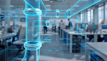 A futuristic representation of piping systems in a modern office, showcasing a digital overlay of engineering designs and professionals in the background. - Powered by Adobe