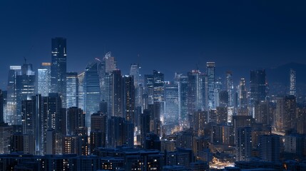 Naklejka premium Wide view of neon-lit winter skyline powered by renewable energy sources, emotion of inspiration visible, representing sustainable architecture, smart grids, and innovation in urban climate design.