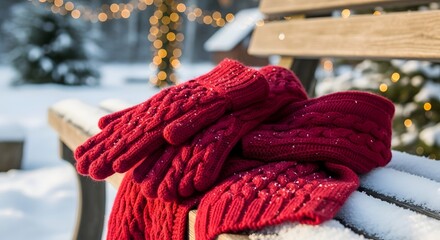 Red knitted winter scarf and gloves on a snowy park bench with christmas lights