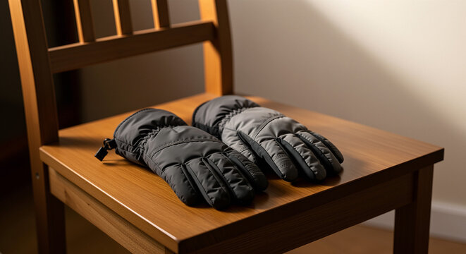 Winter gloves resting on wooden chair in cozy indoor setting  
