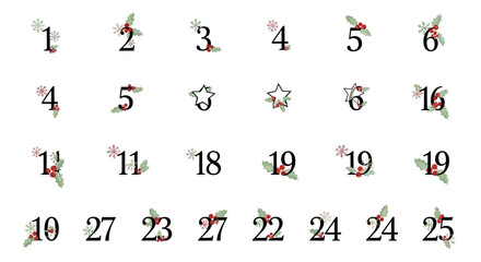 Festive Christmas numbers adorned with holly, berries, and snowflakes create a magical countdown for advent calendars and holiday designs.