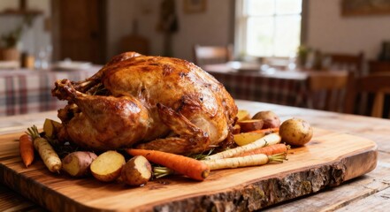 Delicious roasted turkey with vegetables on a wooden serving board for Thanksgiving