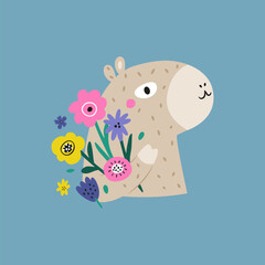 Cute Capybara with Flowers Colorful Vector Illustration for Kids Poster and Print