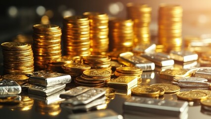 Stacks of gold coins and silver bars shining in warm light. Wealth, investment, precious metals, finance, economic security, bullion, fortune, macro shot, prosperity, currency and valuable assets.