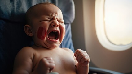 Crying baby with red cheeks in airplane seat near window. Travel stress, flight discomfort, parenting challenges, family journey, in-flight crying, childhood emotion, flying with children, stress.