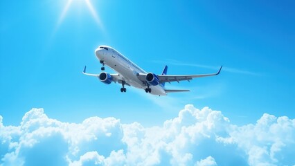 Passenger airplane flying above white clouds in blue sky under bright sun. Travel, aviation, tourism, freedom, airliner, commercial flight, transportation, journey, adventure, summer, transport.
