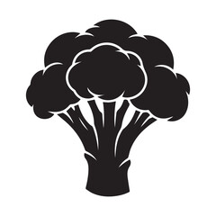 Simple black silhouette icon of a fresh broccoli head with visible florets and stem on a white background