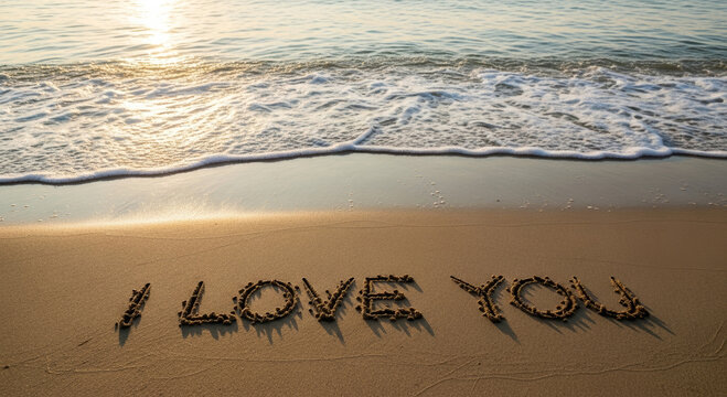I love you message written on the beach sand near the ocean waves during a bright sunny day scene