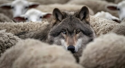 A wolf with striking eyes hidden among a flock of sheep, symbolizing deception, danger, and contrast between predator and prey. Concept of disguise, survival, and unexpected presence in nature.